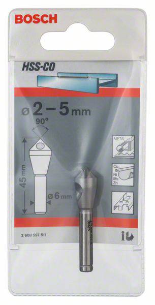 Pakiranje Bosch HSS-CO kombiniranog upuštača za metalne provrte promjera 2-5 mm pod kutom od 90°, prikaz upuštača.