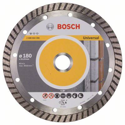 Dijamantni rezni disk marke Bosch, pogodan za univerzalnu upotrebu, promjera 180 mm, maksimalno 8500 okretaja/minuti, 80 m/s.