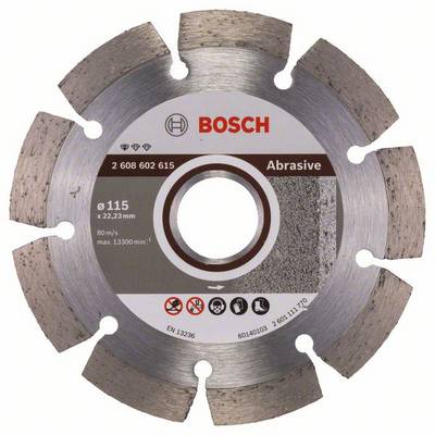 List pile za kružnu pilu s natpisom 'Bosch Abrasive', promjera 115 mm, pogodan za 80 m/s. Maksimalno 13.300 o/min, norma EN 13236.