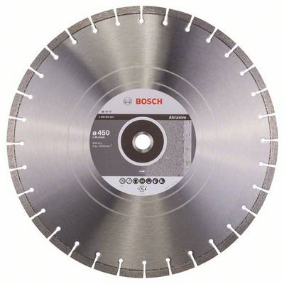 Dijamantna rezna ploča s srebrnim metalnim tijelom. Naljepnica u sredini prikazuje 'Bosch Abrasive Ø450', pogodan za rezanje betona ili kamena.