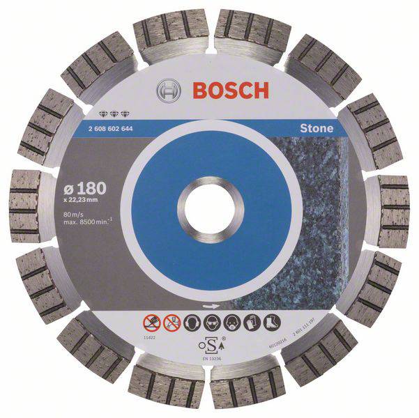 Dijamantom obloženi Bosch disk za rezanje kamena, promjera 180 mm, maksimalno 8500 okretaja u minuti.