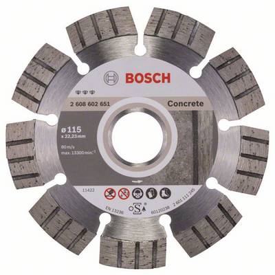 Dijamantna rezna ploča za beton sa segmentiranim reznim rubom i markom 'Bosch'. Pogodan za rezove promjera 115 mm pri 80 m/s, maksimalno 13.300 okretaja u minuti.