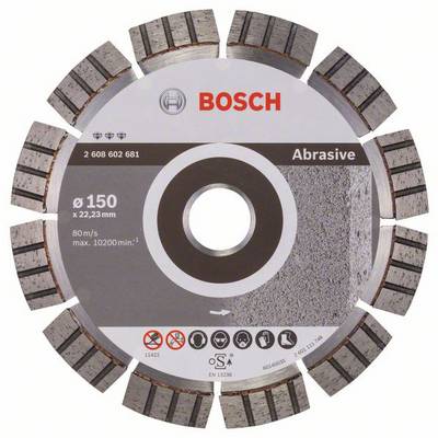 Bosch rezna ploča, Ø 150 x 22,23 mm, za abrazivne materijale, maks. 80 m/s, maks. 10200 o/min, s podacima proizvođača i sigurnosnim uputama.