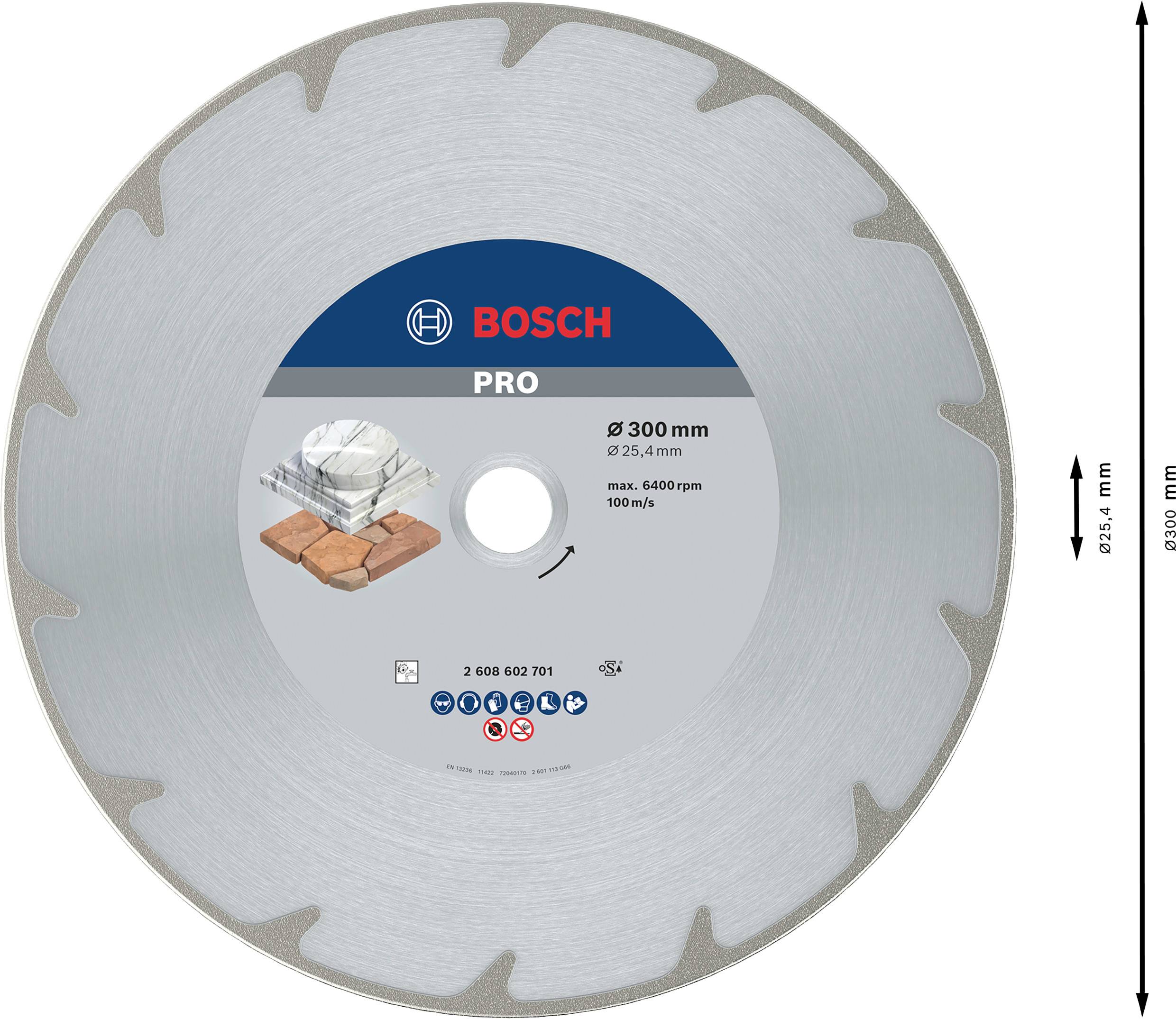 Dijamantna rezna ploča marke Bosch Pro, promjer 300 mm, prikladna za beton i kamen, maks. brzina 100 m/s.