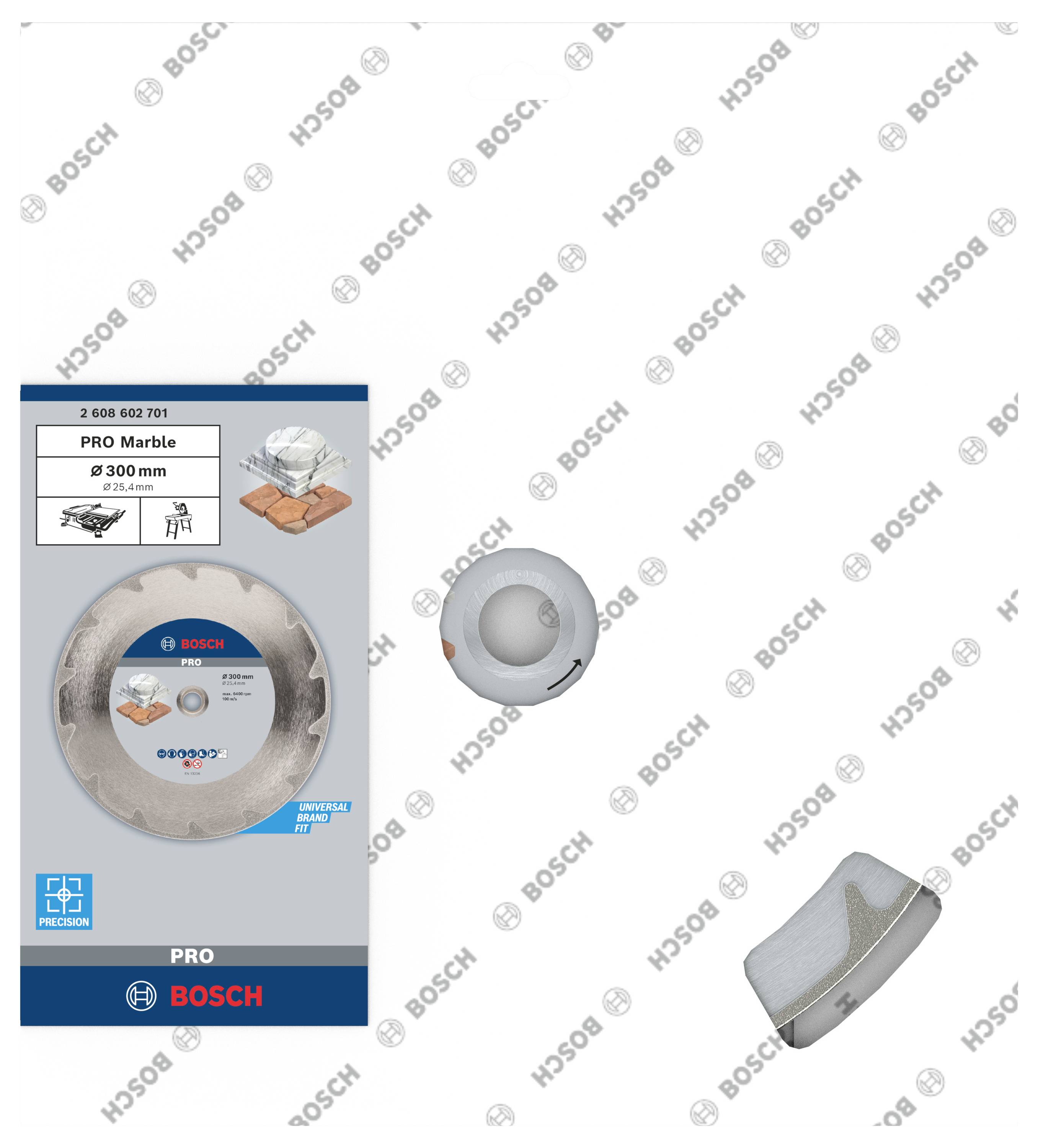 'Bosch PRO Marble' dijamantni disk, 300 mm. Prikladan za mramor, pločice. Pakiranje prikazuje sliku diska i primjer primjene.