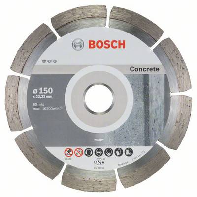 Dijamantna rezna ploča Bosch za beton, Ø 150 mm, maks. 80 m/s, maks. 10200 o/min. Slika sivog betona na pakiranju.