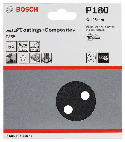 'Bosch brusni disk P180, Ø125 mm, za premaze+kompozite. Sadrži simbole za visoku brzinu, savršen završetak, 5x trajnost.'