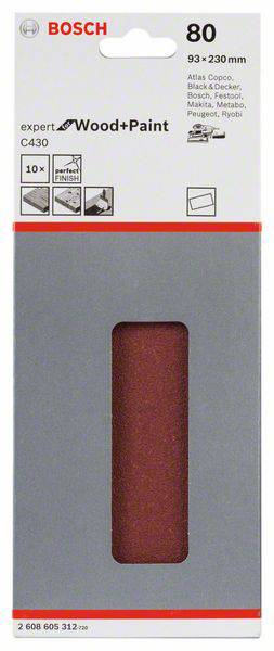 Brusni papir Expert C430 od BOSCH-a, pogodan za drvo i boju. Zrnatost 80, dimenzije 93 x 230 mm. 10 komada u pakiranju.