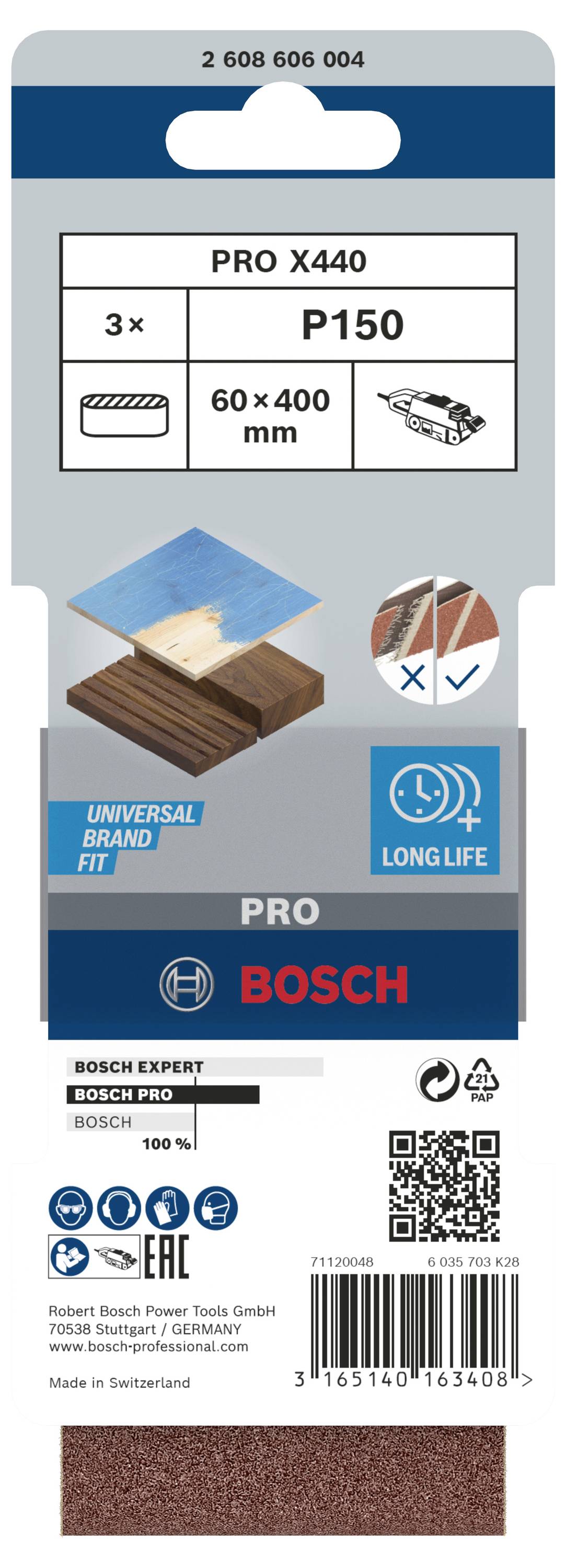 Pakiranje brusnog papira 'Pro X440 P150' od Bosch, sadrži 3 komada veličine 60 x 400 mm. Istaknute značajke: Dugi vijek trajanja.