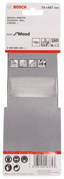 Ambalaža za brusni papir marke Bosch, pogodan za različite brendove, veličina 75 x 457 mm, za obradu drva.