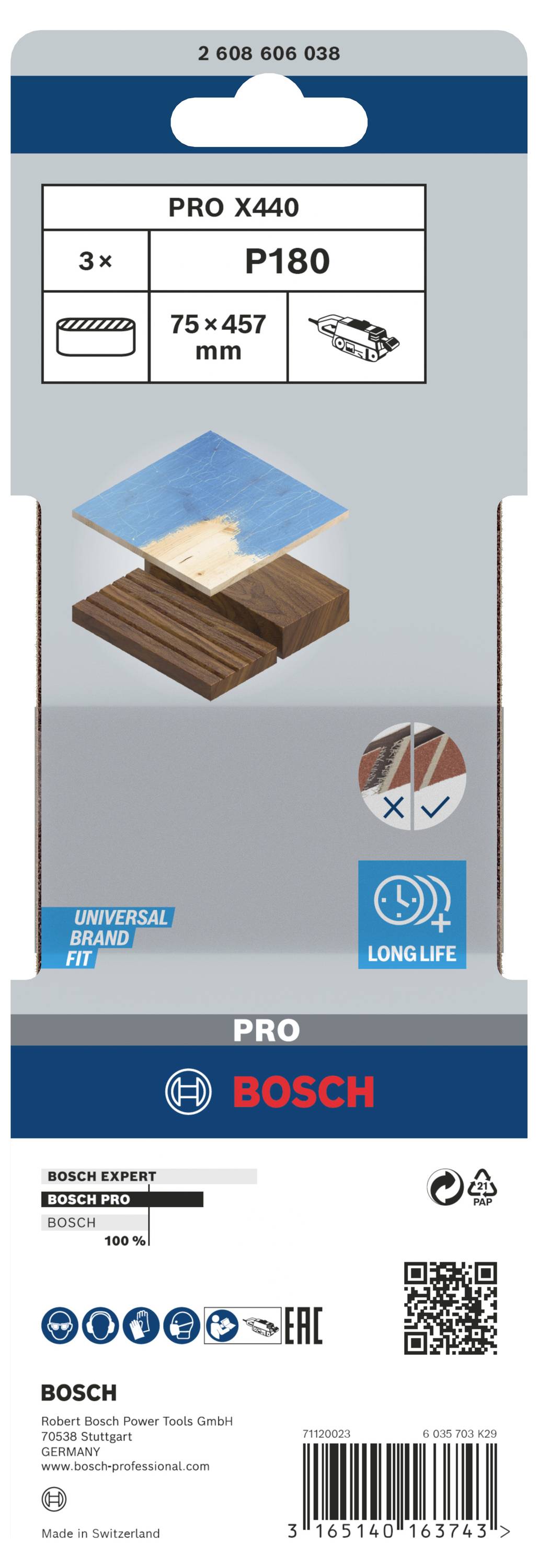 Brusni papir 'PRO X440' od Bosch, 3 komada, veličina zrna P180, 75 x 457 mm. Prikladan za drvo. Proizvođač: Bosch, Švicarska.