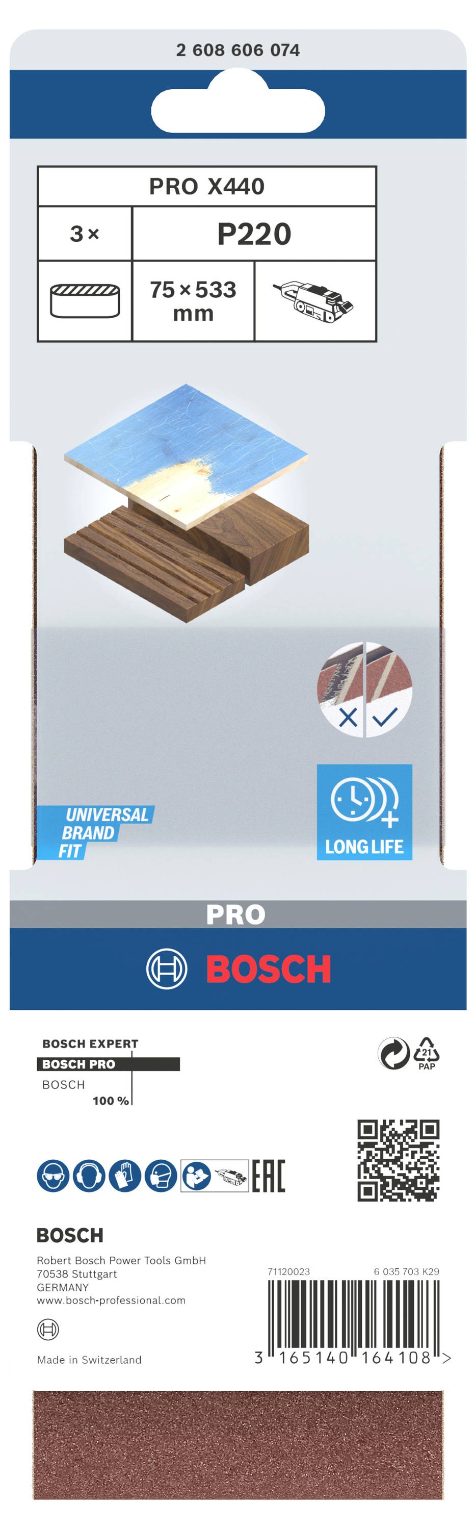 Pakiranje brusnog papira 'PRO X440 P220', veličina 75 x 533 mm, prikladna za drvo, metal, plastiku. Sadrži 3 komada. Bosch marka.