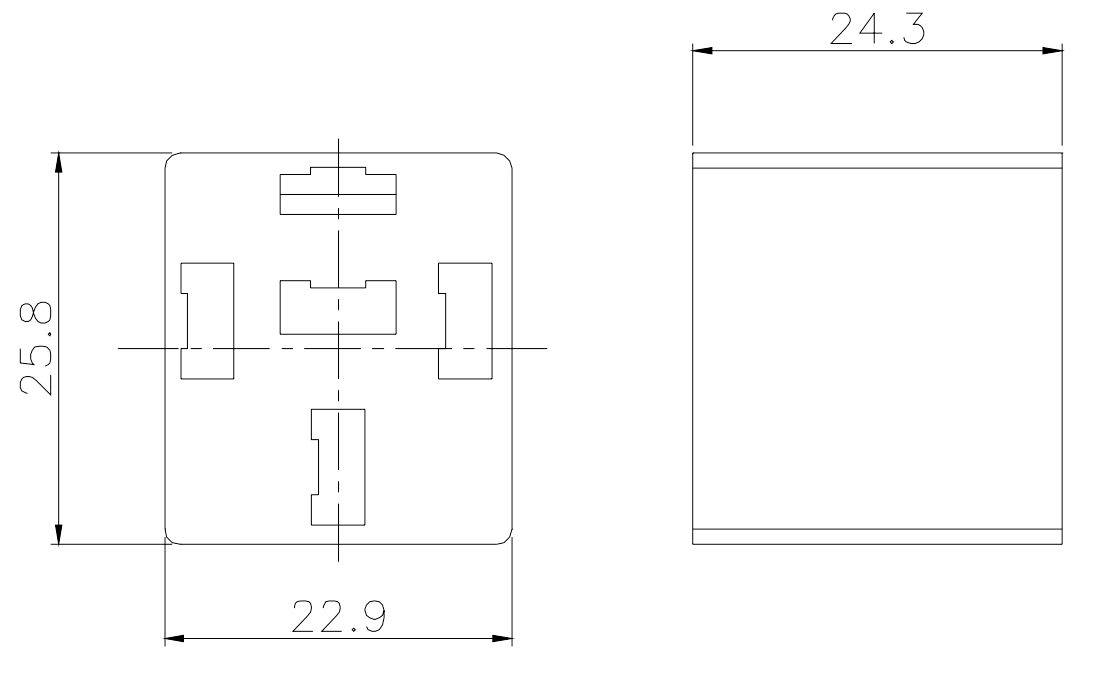Tehnički nacrt kvadratnog dijela s dimenzijama: 25,8 mm x 22,9 mm. Pogled sa strane pokazuje širinu od 24,3 mm.