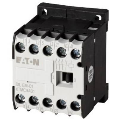 Crni i bijeli električni kontaktor tvrtke Eaton, model DIL EM-01, s više priključnih stezaljki, prikazan frontalno i sa strane.