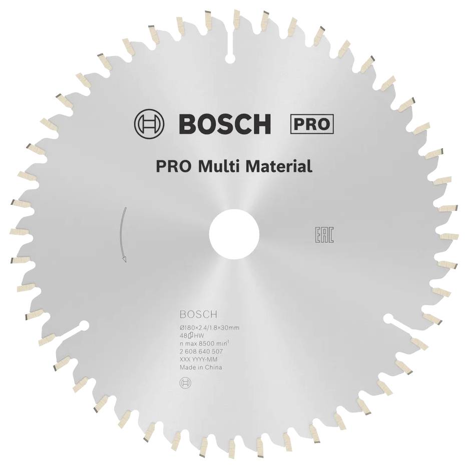 Listić kružne pile oznake 'BOSCH PRO Multi Material'; dizajniran za svestrano rezanje, s 48 zuba za glatke rubove; izrađen u Kini.