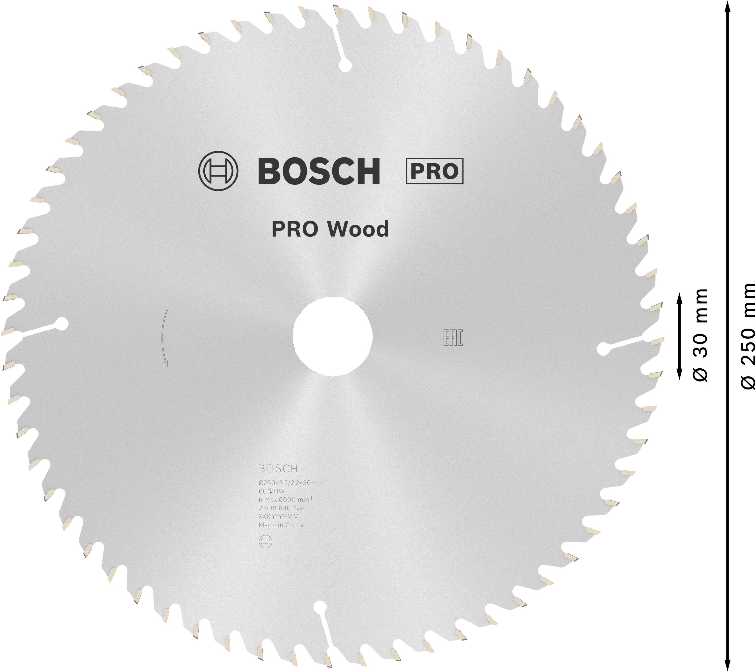 List kružne pile, marka Bosch, model PRO Wood, promjer 250 mm, prikladan za drvo. Informacije o proizvodu i oznaka veličine vidljive.