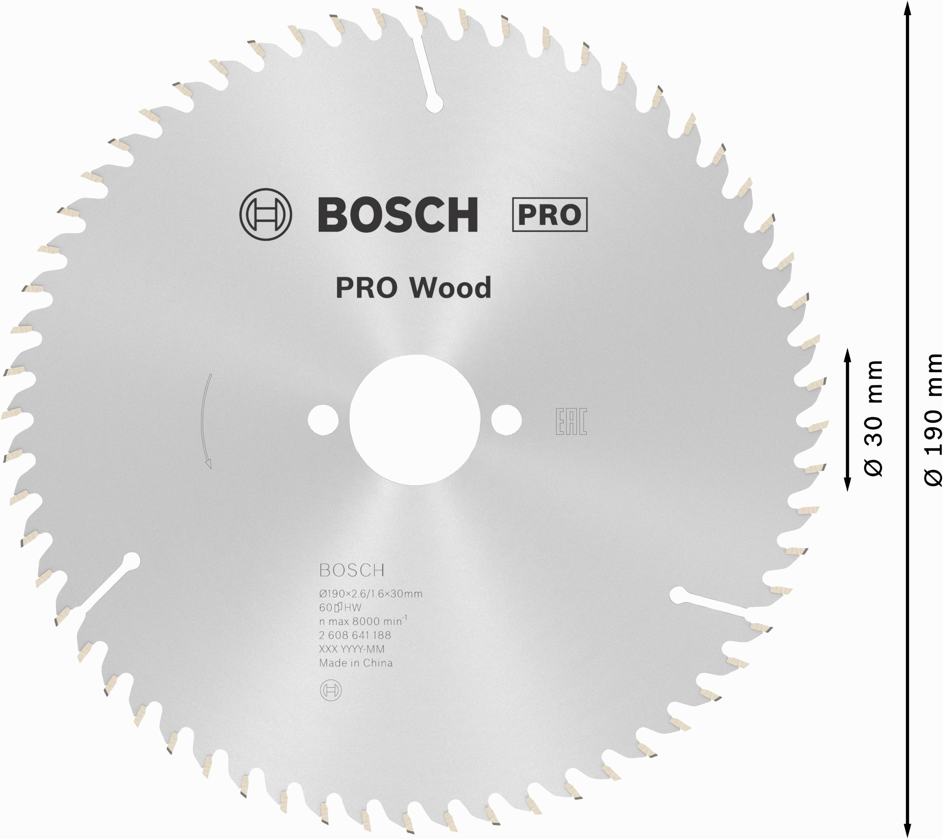 List kružne pile Bosch 'PRO Wood', promjer 190 mm, bušotina 30 mm, prikladna za drvo, maksimalno 60 zubaca, raspon brzine do 8000 o/min.