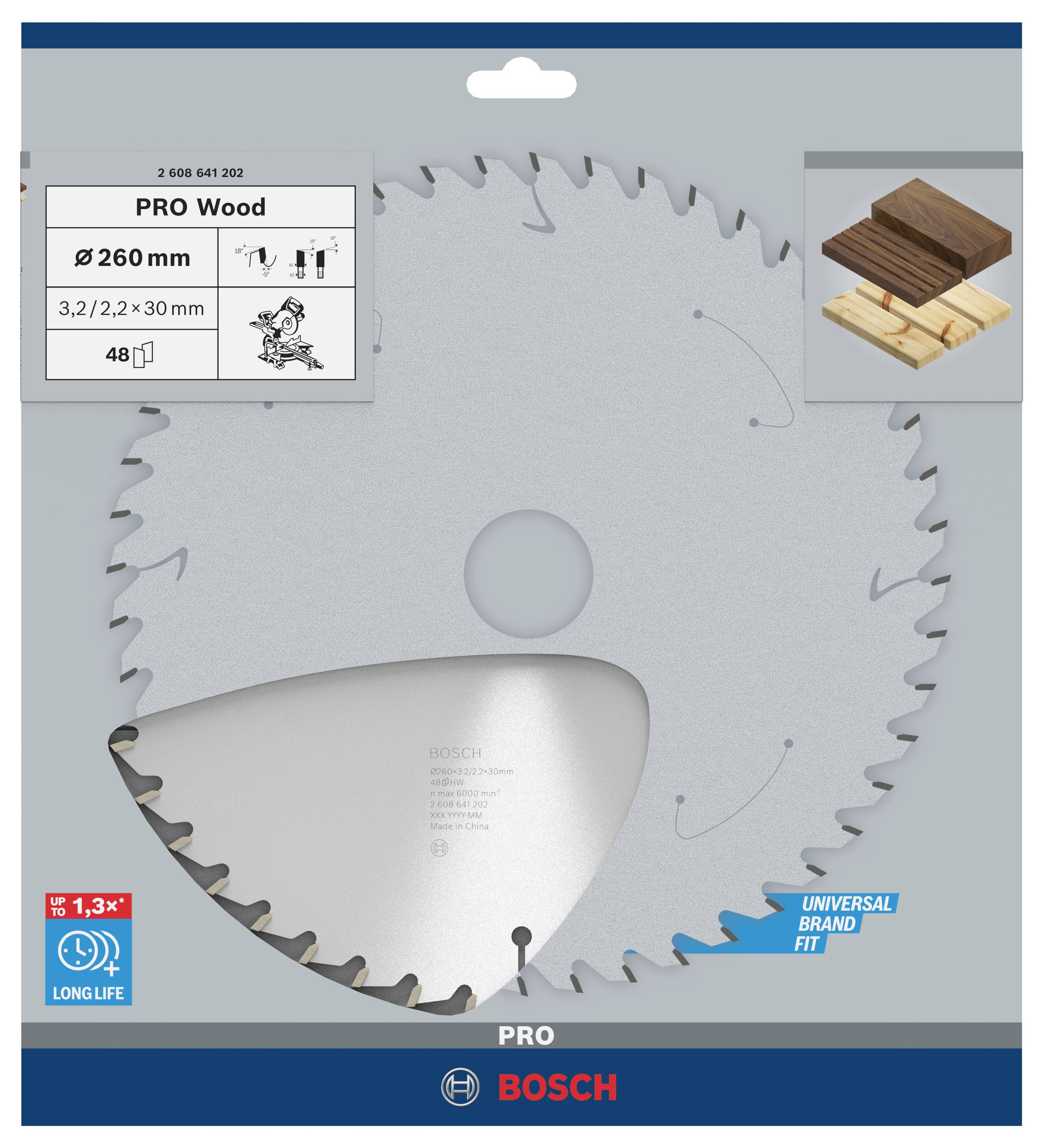 List kružne pile za drvo, promjer 260 mm, debljina 3,2 mm. Prikazan s drvenim blokovima. Marka Bosch, izdržljiv, profesionalna uporaba.