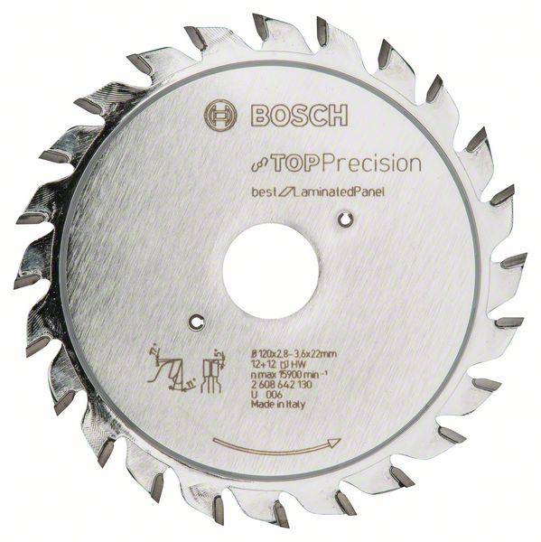 List pile za kružnu pilu s oznakama: Boschov logotip, 'Top Precision', 'best Laminated Panel', naveden promjer i broj zubi.