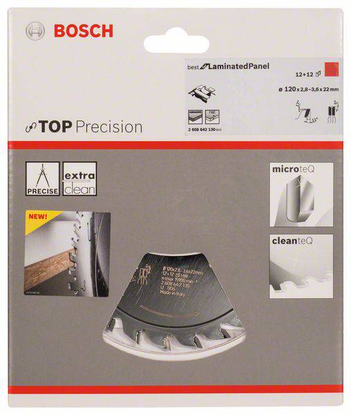 'Boschov list kružne pile, Top Precision, izuzetno čist rez za laminat, MicroteQ, CleanTeQ tehnologije, 120x22mm.'