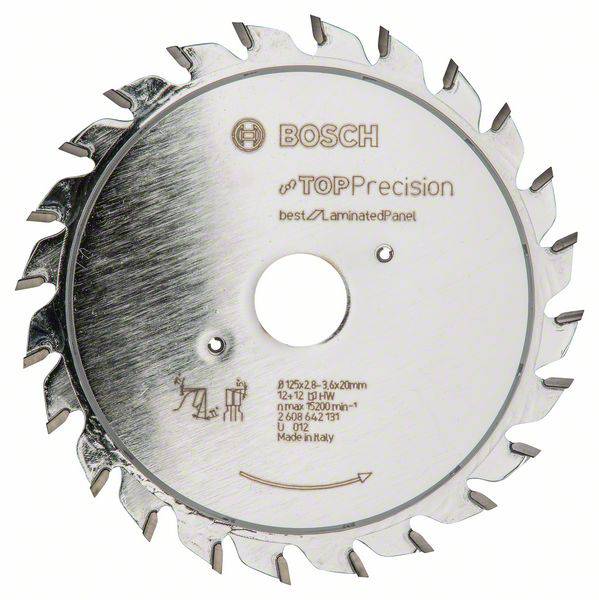 Boschov list kružne pile, model 'TOP Precision' za laminirane ploče, s 28 zuba i promjerom od 125 mm, izrađen u Italiji.