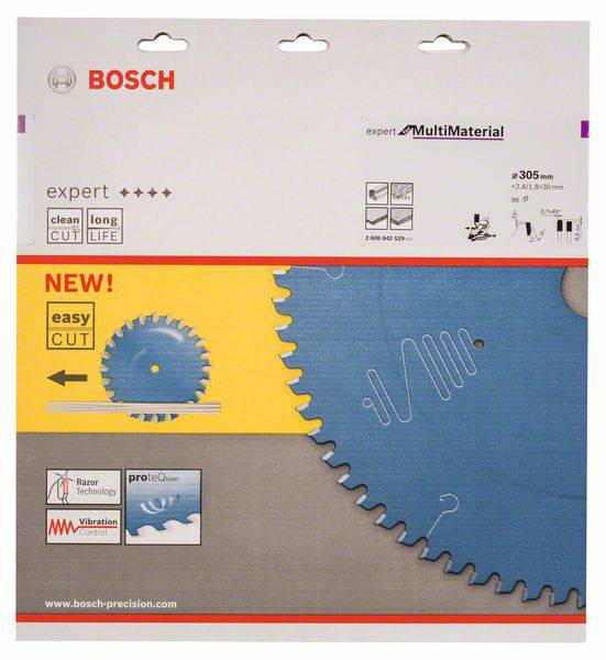 Ambalaža lista pile marke 'Bosch', s naglaskom na 'easy CUT', prikladna za različite materijale.
