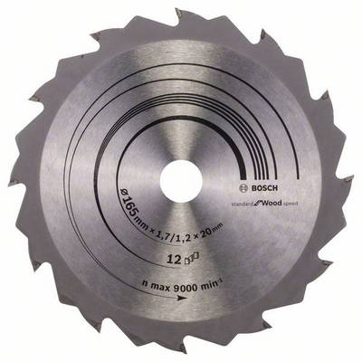 Metalnorezni list pile s nazubljenim rubovima i natpisom 'Ø165mm x 1,7/1,2 x 20mm, n max 9000 min⁻¹', pogodan za drvo.