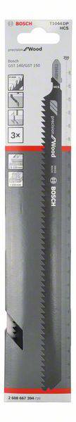 Paket Bosch ubodne pile T1044DP za drvo. Duljina: 250 mm, 3 komada. Slika prikazuje dizajn proizvoda i njegove ključne značajke.