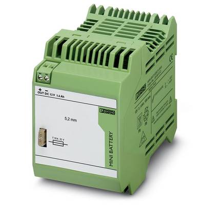 Zeleni, pravokutni uređaj za baterije s natpisima u bijeloj boji, pogodan za 12V izlaze. Proizvod Phoenix Contact-a.