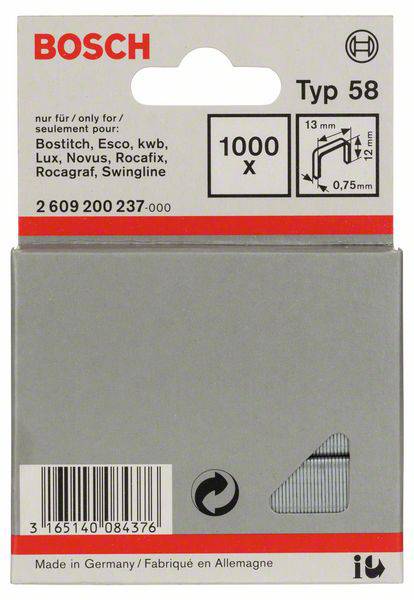 Pakiranje za Bosch spajalice, tip 58, 1.000 komada. Kompatibilno s Bostitch, Esco, kwb, Lux, Novus. Dimenzije: 12 mm, debljina žice 0,75 mm.