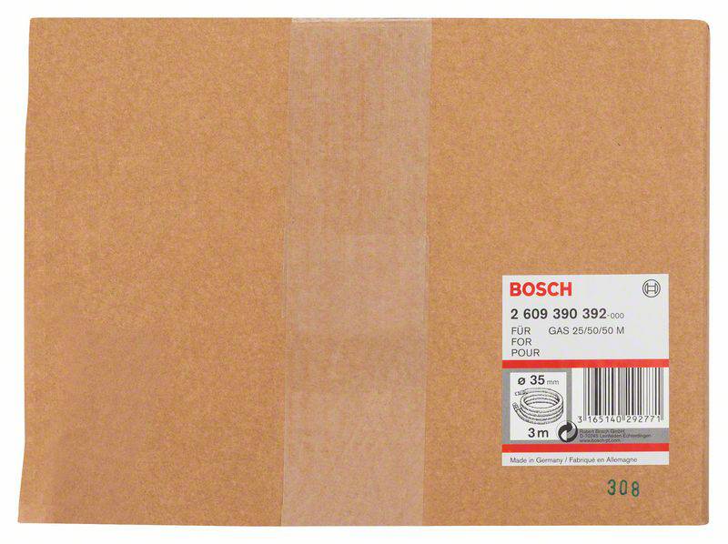 Smeđa ambalaža s etiketom koja prikazuje Boschov broj dijela 2 609 390 392 i specifikacije za filter vrećice za usisavač Gas 25/50/50 M.