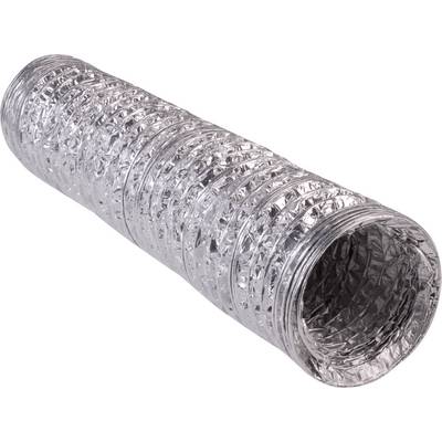 Aluminijski fleksibilni cijev za ventilacijske sustave, spiralno rebrast, reflektirajuće srebrne površine.