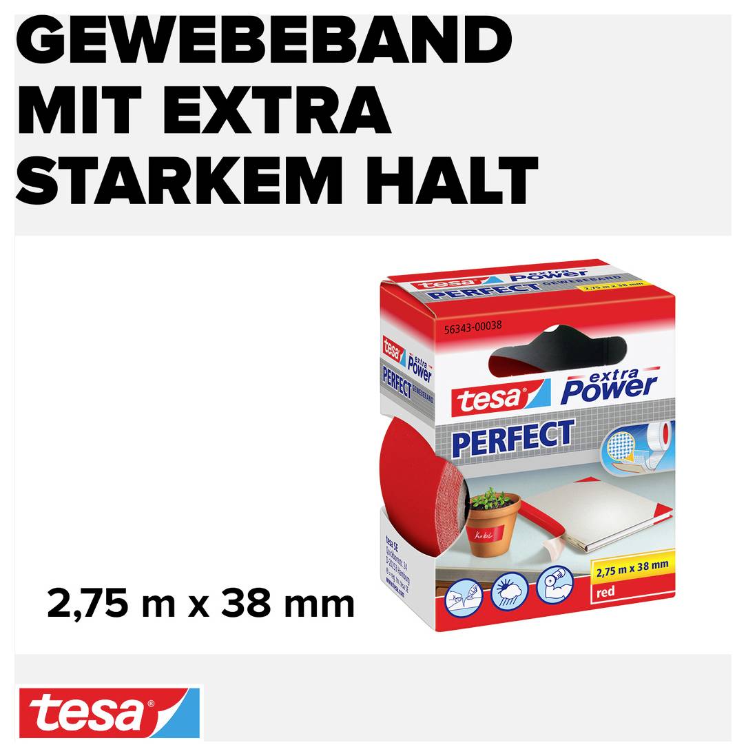 Tesa tekstilna traka za pakiranje s natpisom 'extra Power Perfect'. Crvena rolna, dimenzije: 2,75 m x 38 mm, extra čvrsto prianjanje.