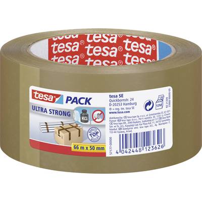 Smeđa rolna ljepljive trake s etiketom 'tesa Ultra Strong', idealna za zatvaranje kutija. Duljina: 66 m, širina: 50 mm.