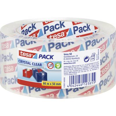 Rolica prozirne ljepljive trake s natpisom 'tesa Pack Crystal Clear'. Duljina: 66 m, širina: 50 mm. Ambalaža prikazuje poklone.
