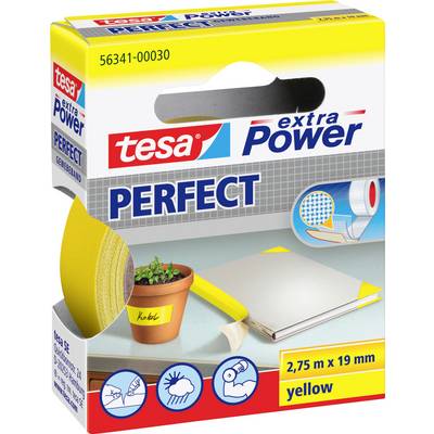 Rolna žutog ljepljivog traka u kutiji označenoj kao 'tesa extra Power PERFECT'. Kutija prikazuje primjene i mjere 2,75 m x 19 mm.