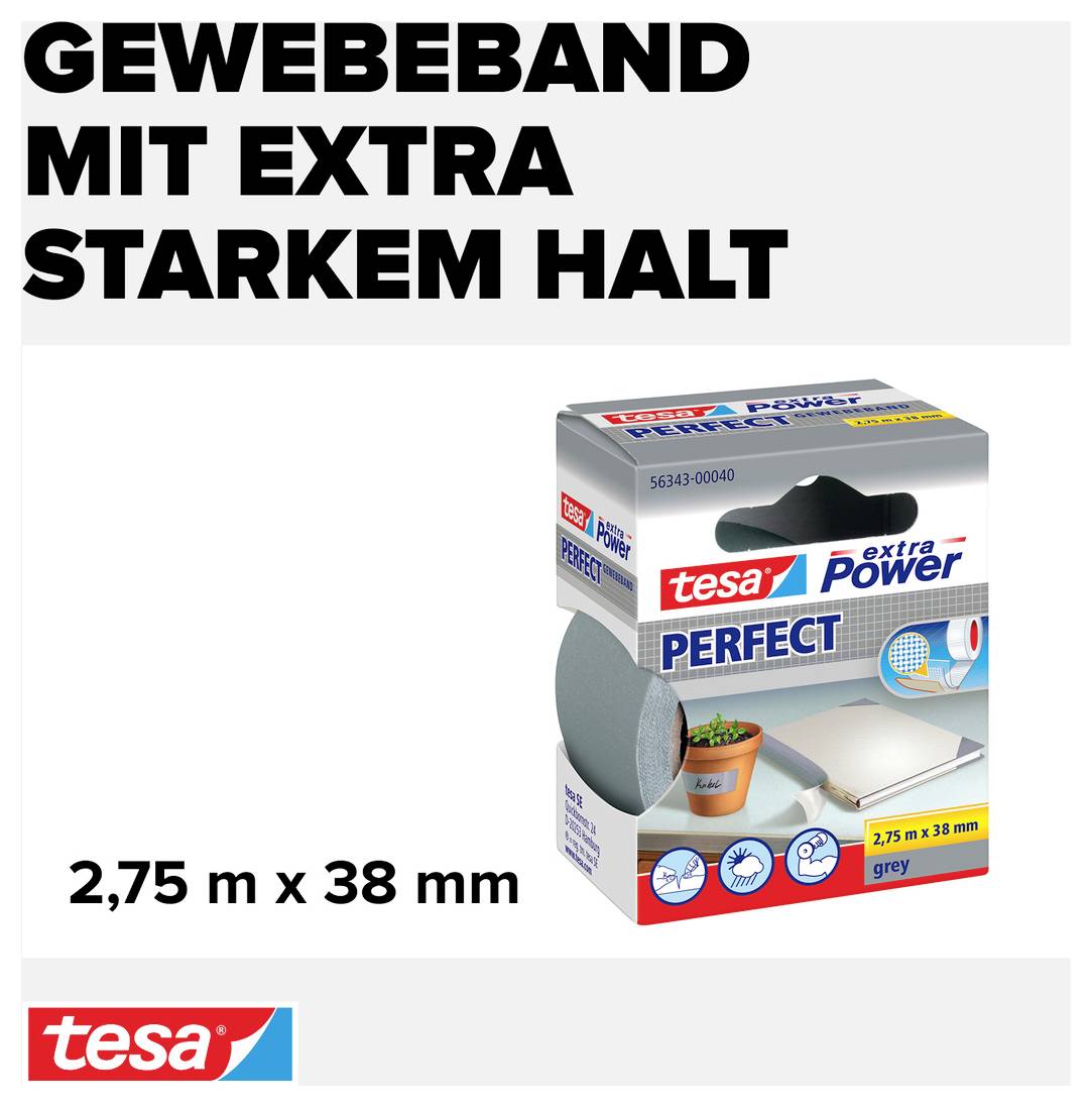 Tesa tkaninska traka za pakiranje s natpisom 'izuzetno jak pritisak'. Dimenzije: 2,75 m x 38 mm. Boja: siva.