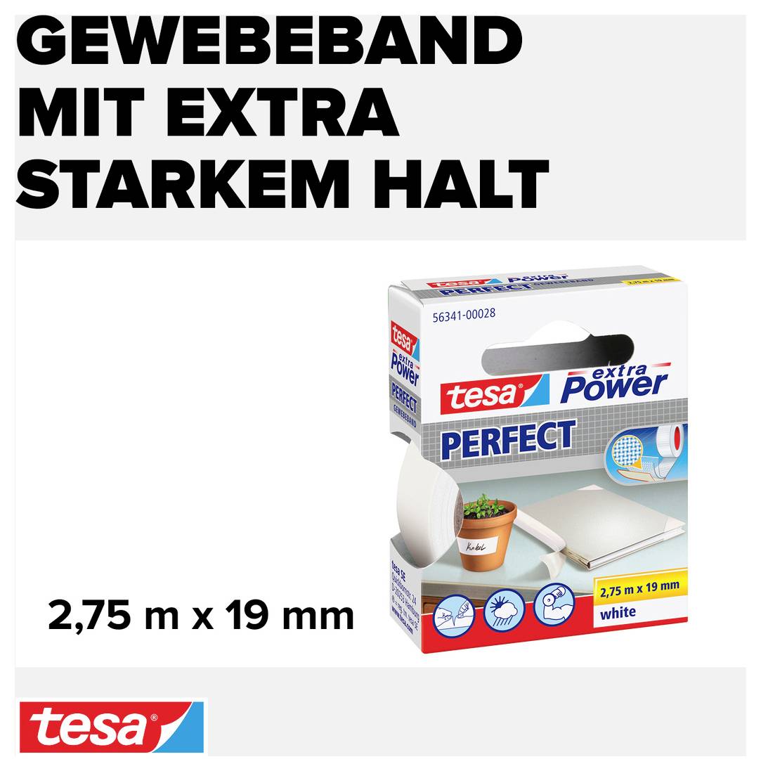 "Tkaninska traka s izuzetno jakim prianjanjem", prikazuje ambalaža 'tesa extra Power PERFECT', dimenzije: 2,75 m x 19 mm, boja: bijela.