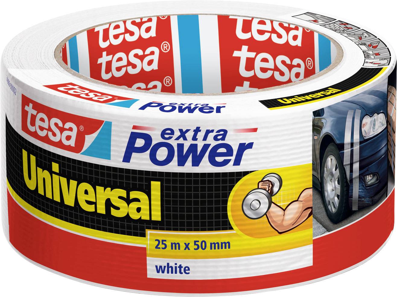 Slika prikazuje rolu Tesa Universal extra power trake, 25m x 50mm, bijele boje. Pakiranju pripadaju ilustracije i fotografija automobila.