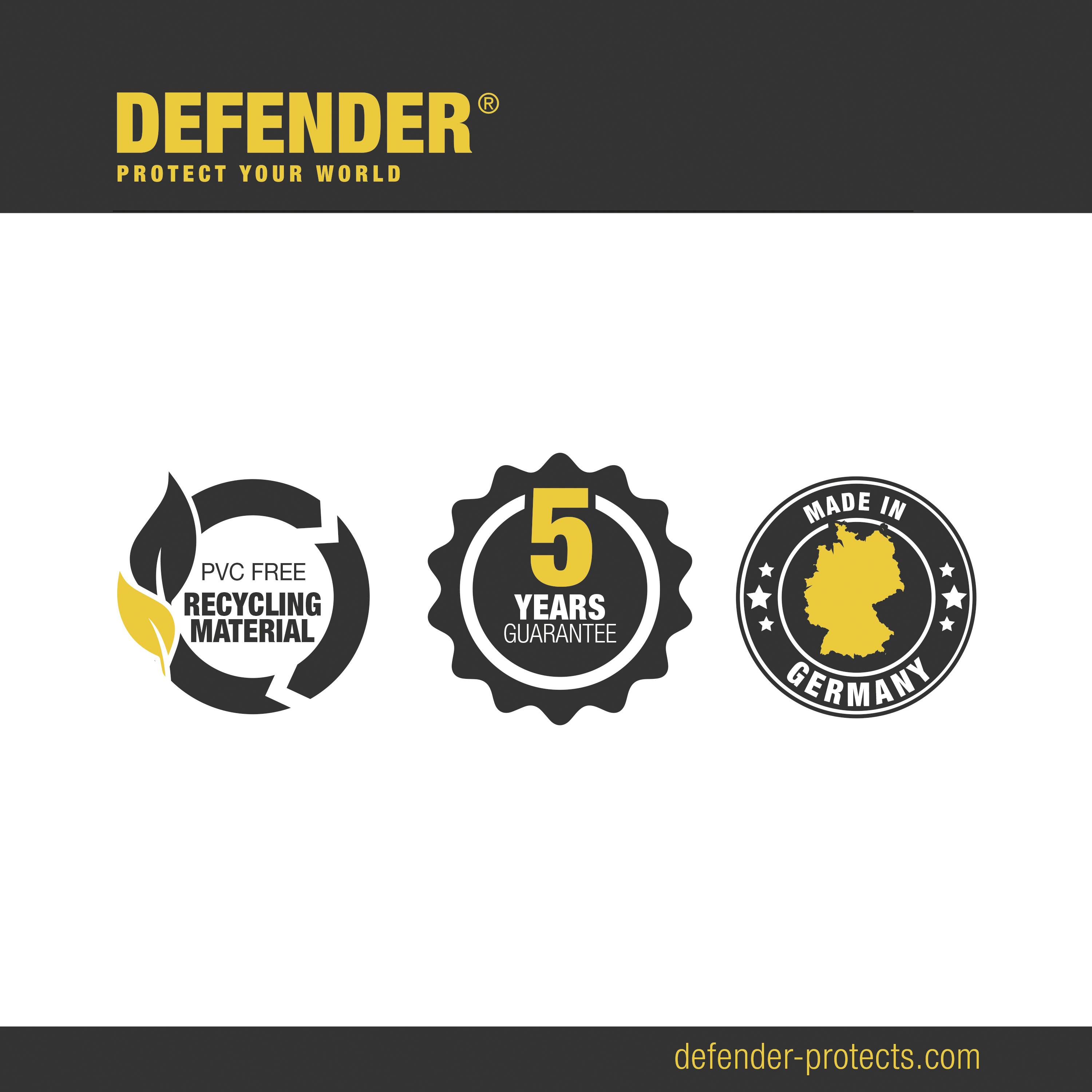 'Defender' logotip i slogan 'Zaštiti svoj svijet'. Tri simbola: Bez PVC-a i reciklabilno, 5 godina jamstva, Izrađeno u Njemačkoj.