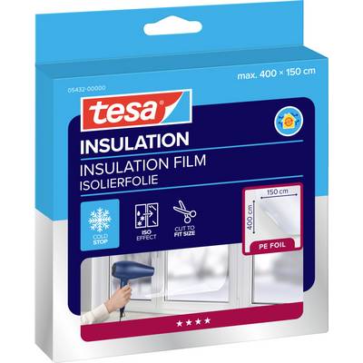Pakiranje označeno 'tesa Insulation Film' za prozore, prikazujući osobu koja koristi sušilac za kosu pri nanošenju filma. Dimenzije: 400 x 150 cm.