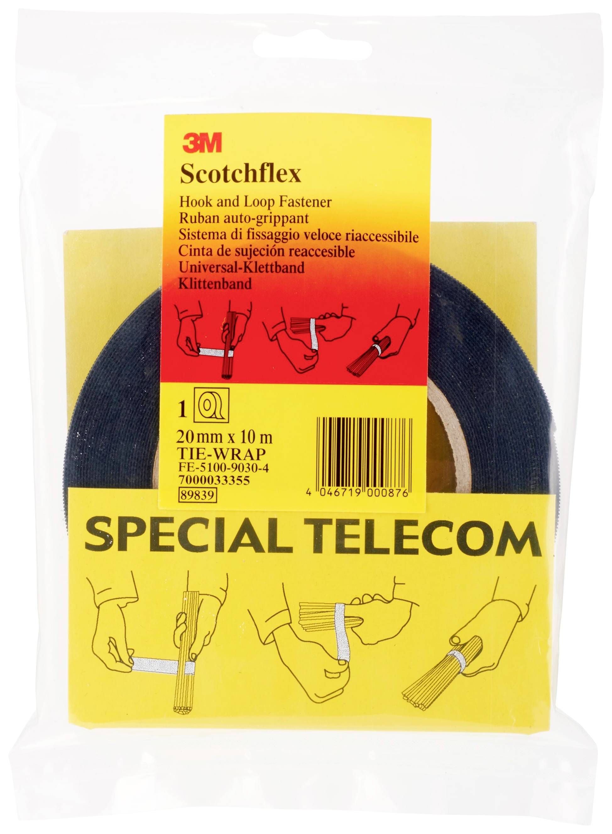 Kutija 'M 3M Scotchflex', vrpca sa čičkom. Veličina: 20 mm x 10 m. Slike prikazuju primjere upotrebe.