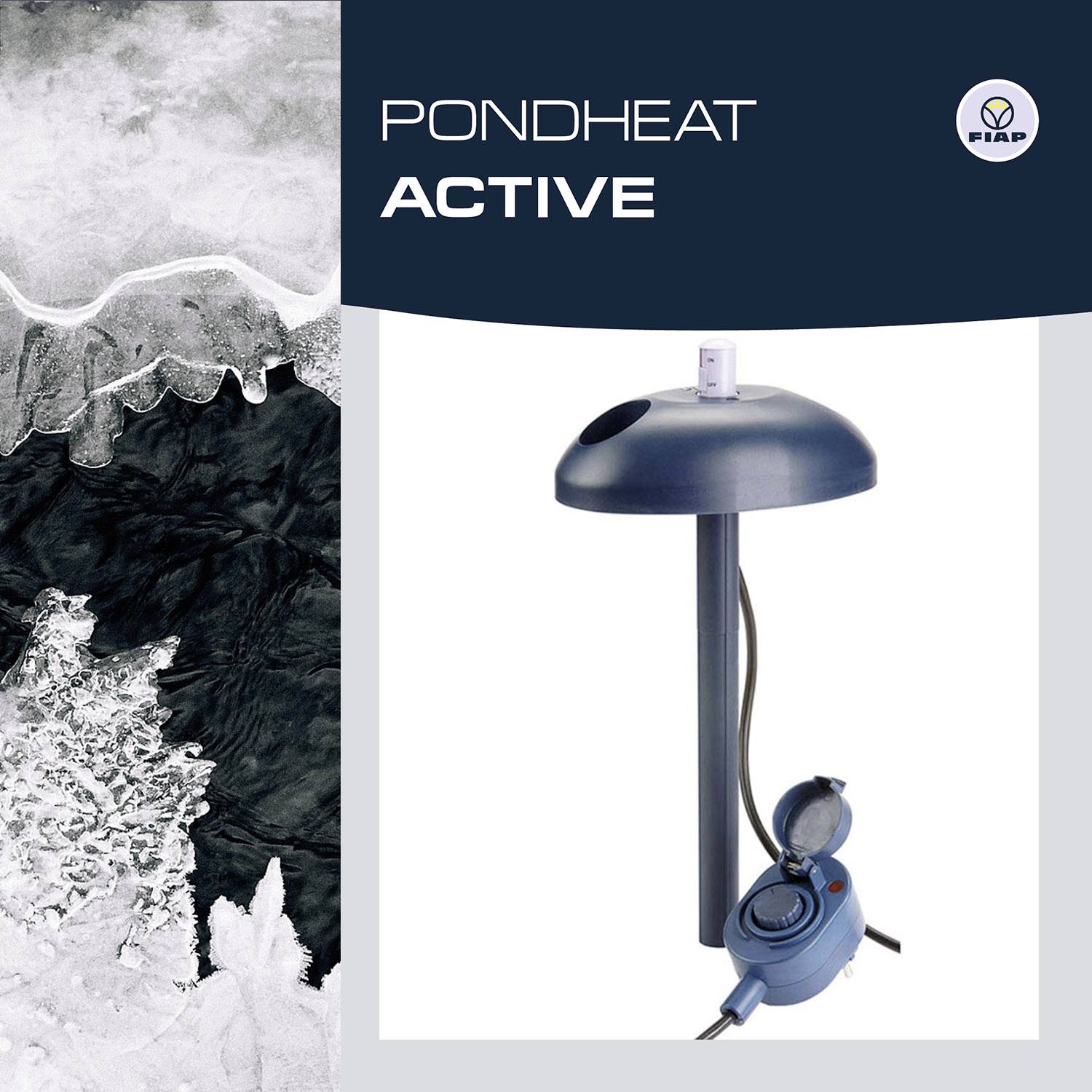'PONDHEAT ACTIVE' Uređaj za sprečavanje zaleđivanja ribnjaka; slika prikazuje tamnu, okruglu napravu s kabelom; lijevo je sloj leda na vodi.