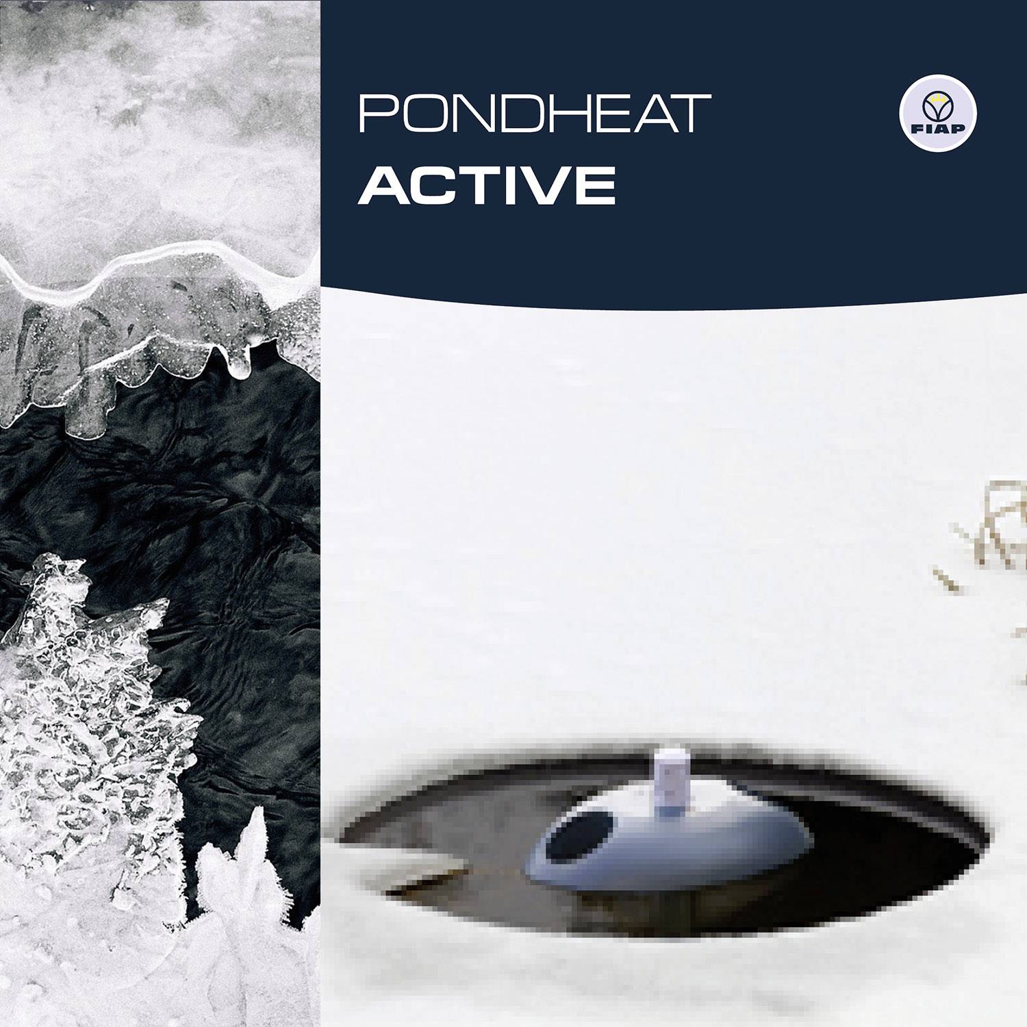 Reklama 'PONDHEAT ACTIVE' prikazuje zaleđeni ribnjak s grijačem koji održava otvor u ledu. Lijevo je struktura leda, desno logotip marke.