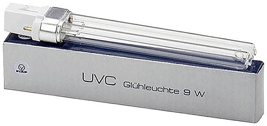 Fluorescentna UVC žarulja 9W na sivoj ambalaži. Žarulja služi dezinfekciji putem ultraljubičastog zračenja.