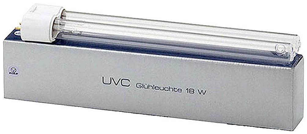 "UV-C cijev 18 W" na pakiranju. Fluorescentna lampa je cilindričnog oblika i uobičajeno se koristi za dezinfekciju.