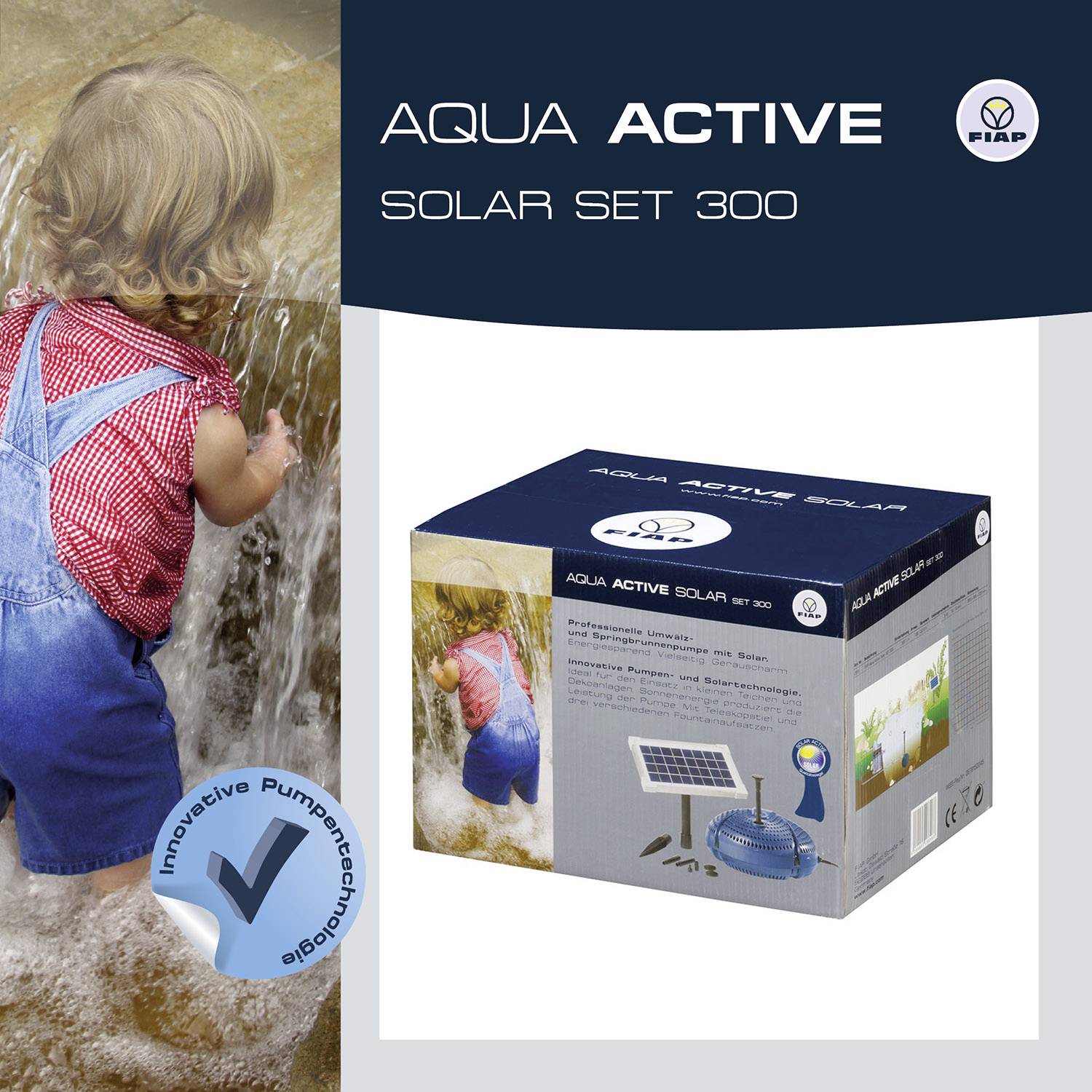 Malo dijete igra se u potoku. Desno pored djeteta prikazana je ambalaža na kojoj piše 'Aqua Active Solar Set 300'.