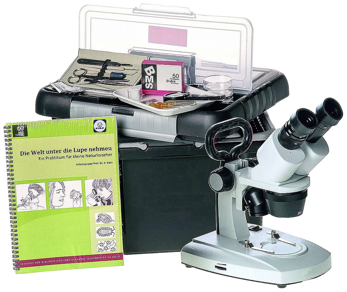 Dječji laboratorijski set s mikroskopom, bilježnicom 'Pogledajmo svijet iz blizine' i eksperimentalnim materijalom u kutiji. Idealan za mlade istraživače.
