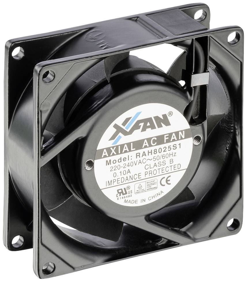 Crni aksijalni ventilator oznake modela 'RAH8025S1', rad pri 220-240VAC, 0,10A, zaštitni razred B, proizveden u Kini.