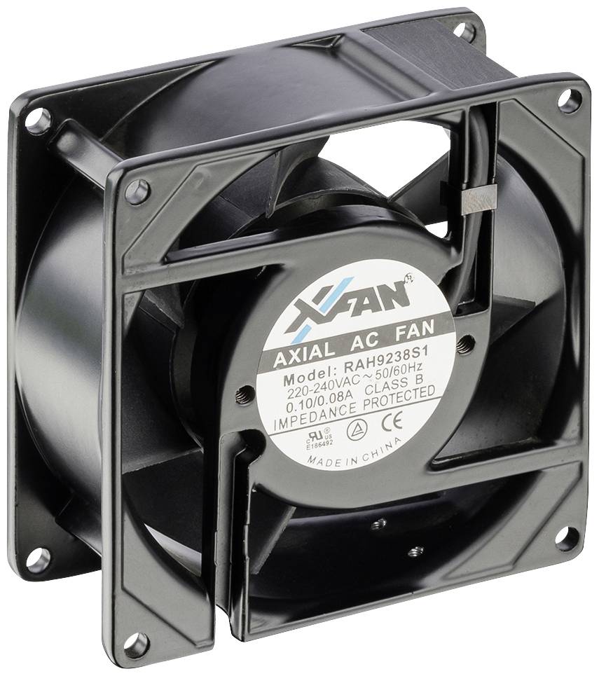 Crni aksijalni AC ventilator modelskog broja RAH9238H1, pogodan za 220-240V, 0,10/0,08A, klase B, proizveden u Kini.